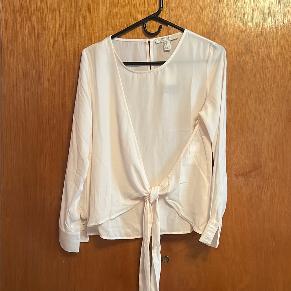 Forever 21 Cream Long Sleeve Wrap Blouse with Bib Collar